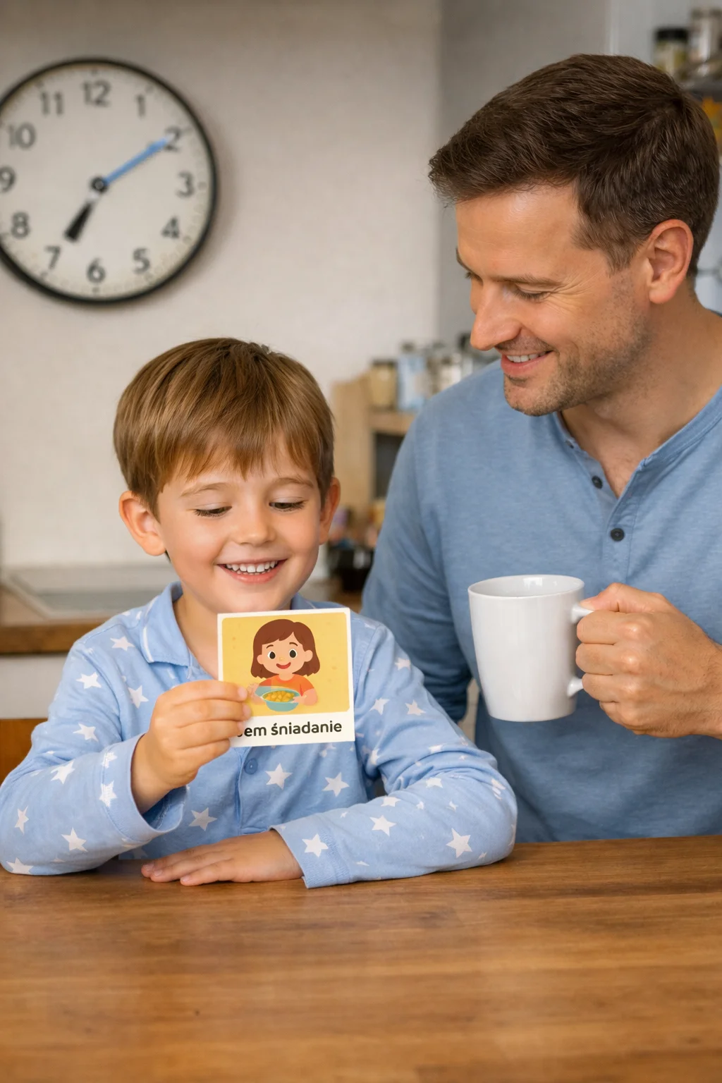 Tata z synem przy stole - dziecko trzyma kartę gry Poranki Mistrzów