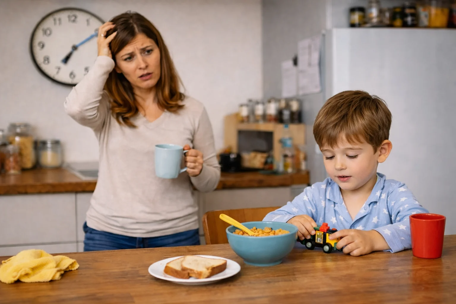 Zmęczona mama z kawą patrzy na dziecko bawiące się przy śniadaniu zamiast jeść